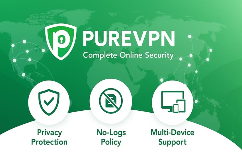 Banner tài khoản PureVPN với biểu tượng bảo mật và kết nối toàn cầu