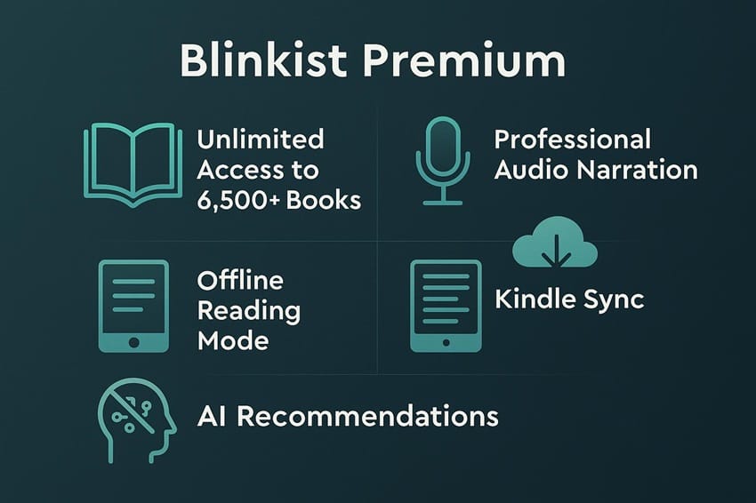 tính năng Blinkist Premium: truy cập không giới hạn 6500 sách, âm thanh chuyên nghiệp, đọc offline