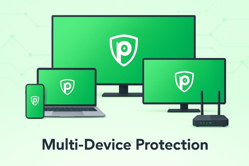 Nhiều thiết bị công nghệ như smartphone, laptop, tablet và TV được bảo vệ đồng thời bởi PureVPN
