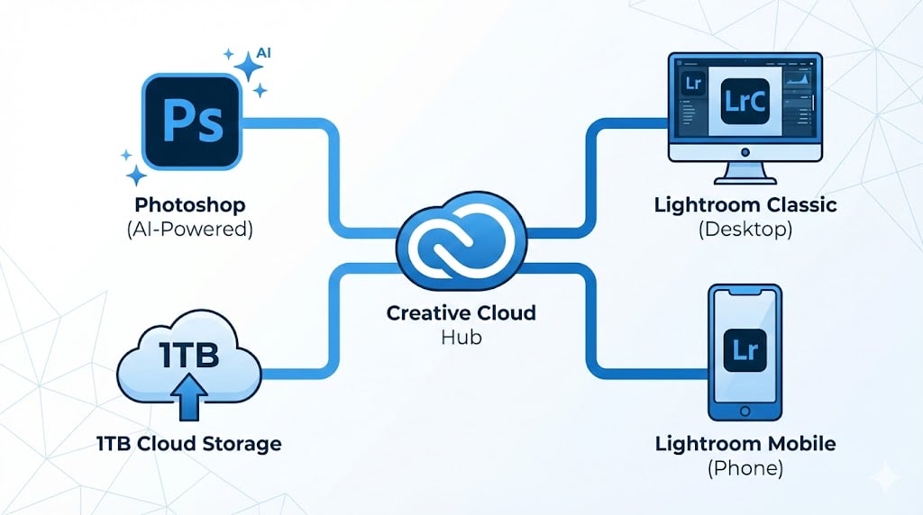 Các tính năng trong gói Adobe Photography: Photoshop AI, Lightroom và Cloud.