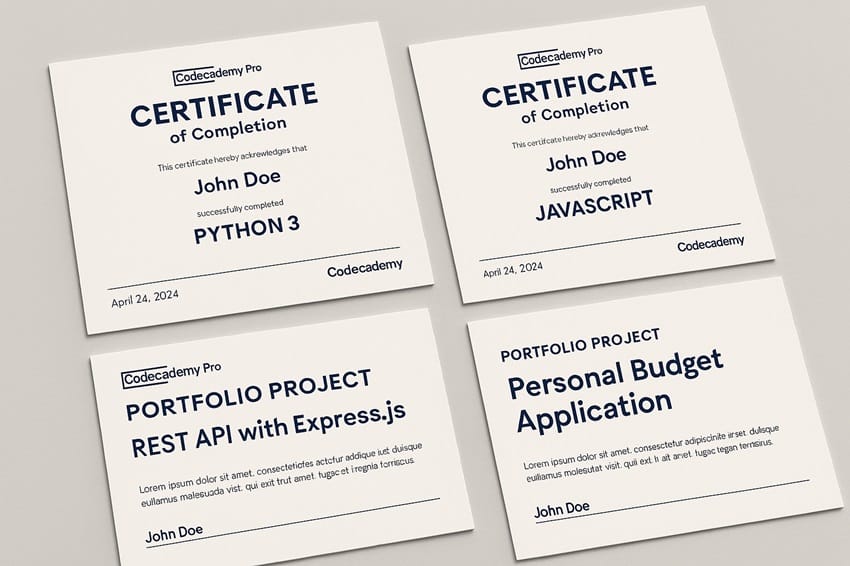 Chứng chỉ và dự án từ Codecademy Pro Chứng chỉ hoàn thành và dự án thực tế trong tài khoản Codecademy Pro