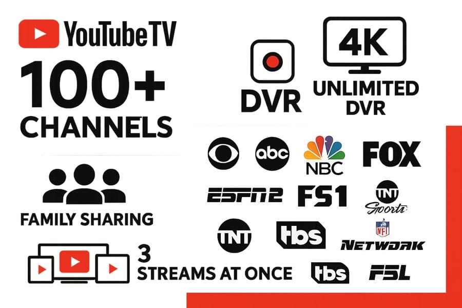 tính năng nổi bật Youtube TV 4K streaming DVR không giới hạn 100+ kênh
