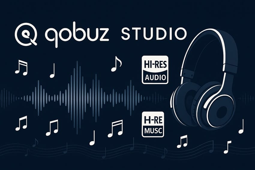 Tài khoản Qobuz Studio với logo và các yếu tố âm nhạc chất lượng cao