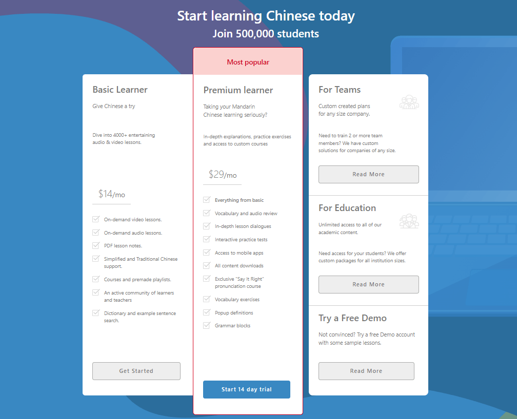 Các gói tài khoản ứng dụng Chinesespod