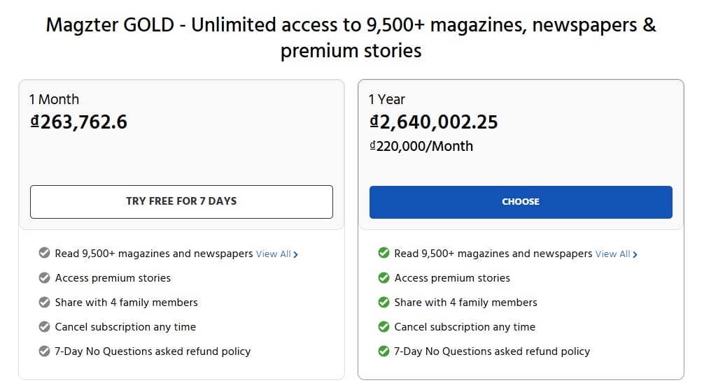 Bảng giá gốc của Magzter Gold Bảng giá tài khoản Magzter Gold cập nhật