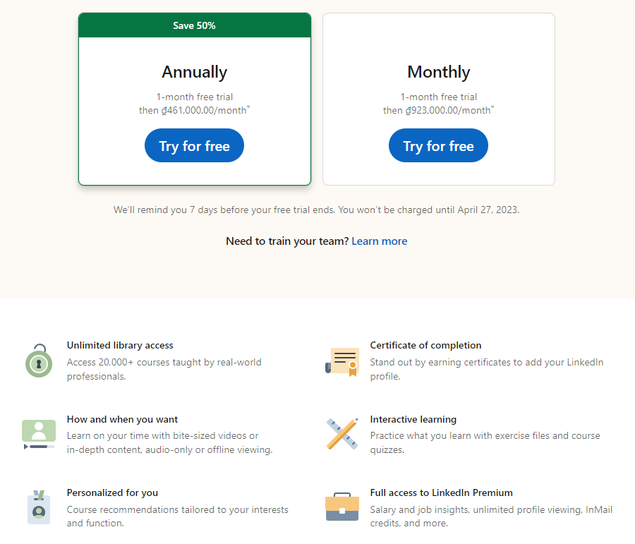 Thông tin gói giá LinkedIn Learning