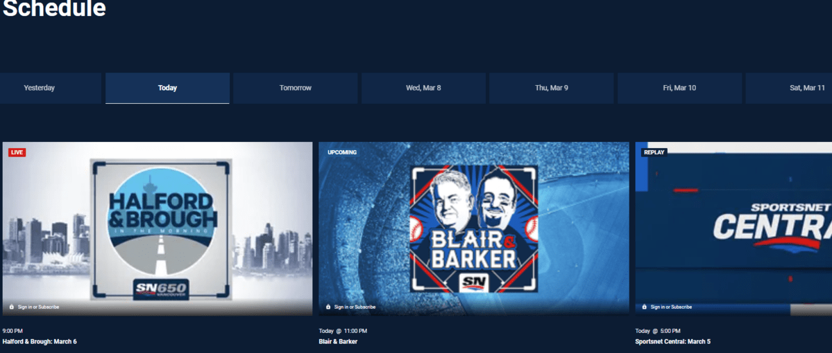 lịch trình phát sóng tài khoản Sportsnet Now 2