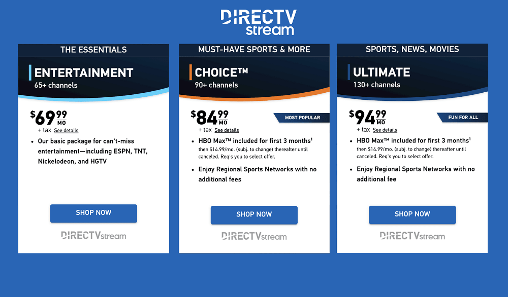 Các gói dịch vụ của Directv stream