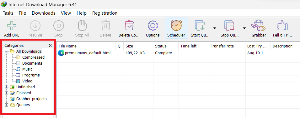 Cột Categories bên trái IDM