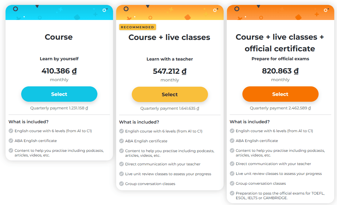 Các gói giá tài khoản abaenglish mới nhất