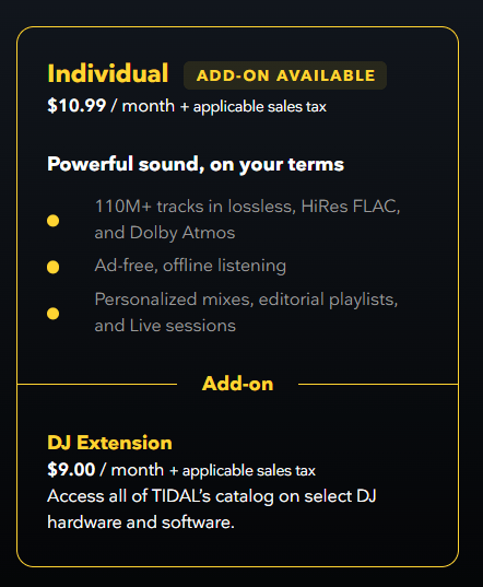 Tài khoản Tidal Individual 4 thay đổi trong gói đăng ký Tidal