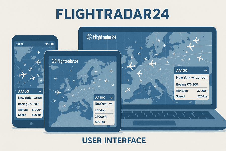 Giao diện FlightRadar24 trên nhiều thiết bị smartphone, tablet, laptop