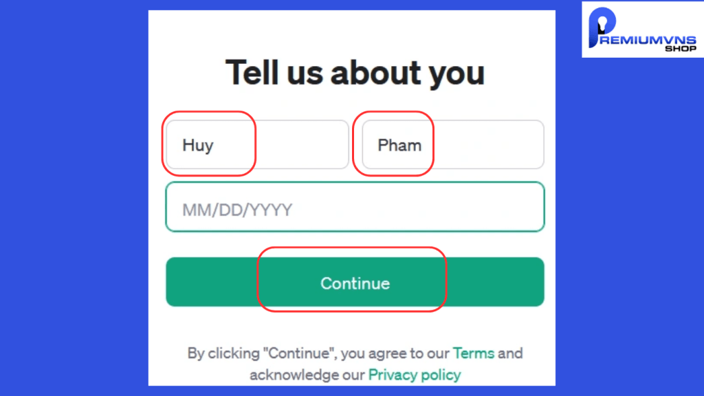 Cách tạo tài khoản ChatGPT đơn giản nhất #2024 8 Hình ảnh: Điền họ, tên, ngày sinh và tiếp tục.