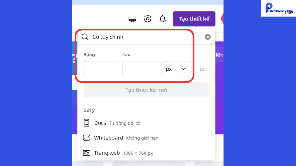 Cách sử dụng canva chỉnh sửa ảnh cực nhanh và đơn giản 8 Bạn cũng có thể chọn kích thước tùy chỉnh với nhu cầu