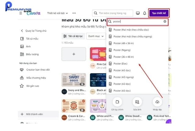Cách sử dụng canva làm poster chuyên nghiệp, hút khách 11 Bước 1: nhấn vào nút 'Tạo thiết kế và nhập từ khóa “poster”