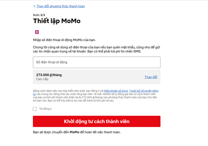 Thanh toán gói Netflix bằng ví điện tử Momo