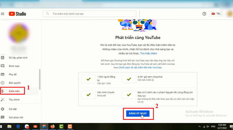 Tính năng kiếm tiền tạo thu nhập trên kênh Youtube tại Youtube Studio 