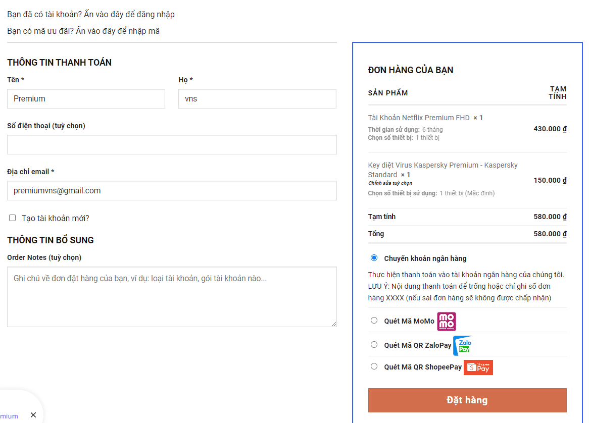 Hướng dẫn mua hàng và thanh toán tại PremiumVNS 5 Hướng dẫn thanh toán bước 4