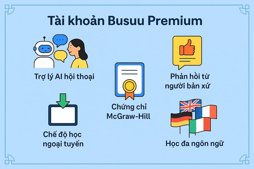 Các tính năng nổi bật của tài khoản Busuu Premium với bố cục hình sao