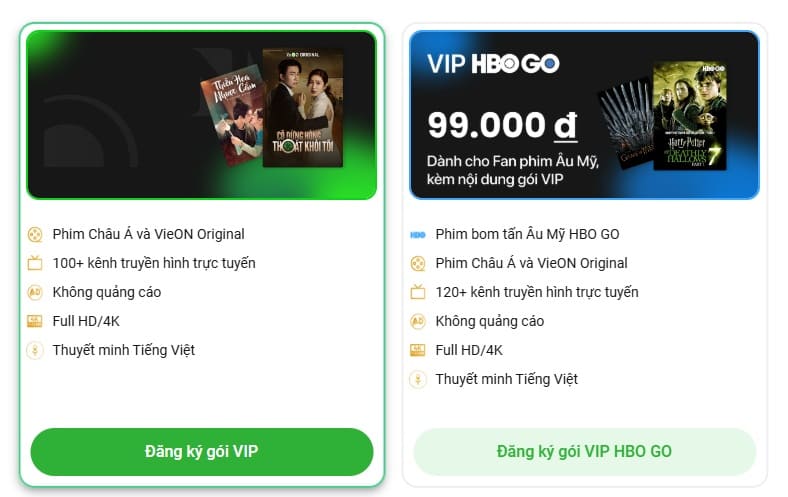 Tài Khoản Vieon VIP 4 Bảng giá vieon vip hbo