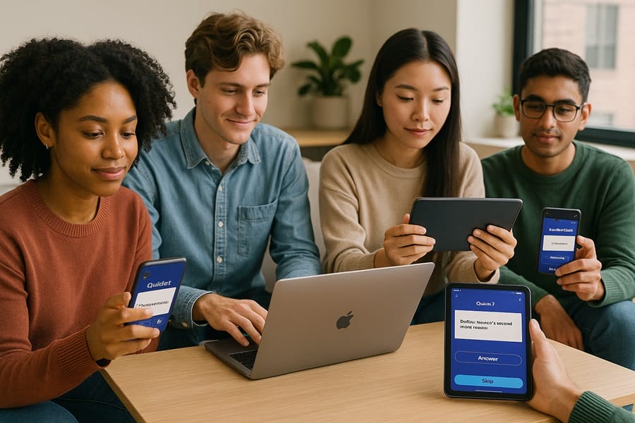 Học sinh sinh viên sử dụng Quizlet Plus trên điện thoại tablet