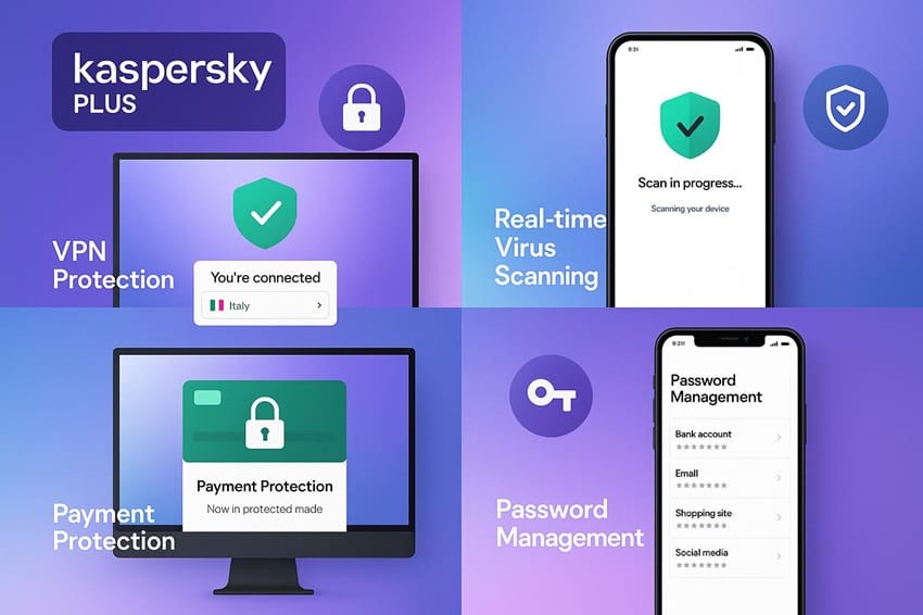 Tính năng nổi bật Kaspersky Plus - VPN, quét virus, bảo vệ thanh toán, quản lý mật khẩu