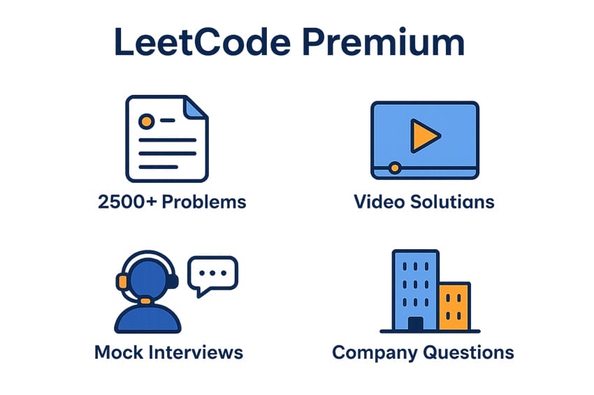 Infographic tính năng LeetCode Premium 4 tính năng nổi bật của LeetCode Premium: 2500+ bài tập, video hướng dẫn, mô phỏng phỏng vấn, câu hỏi theo công ty