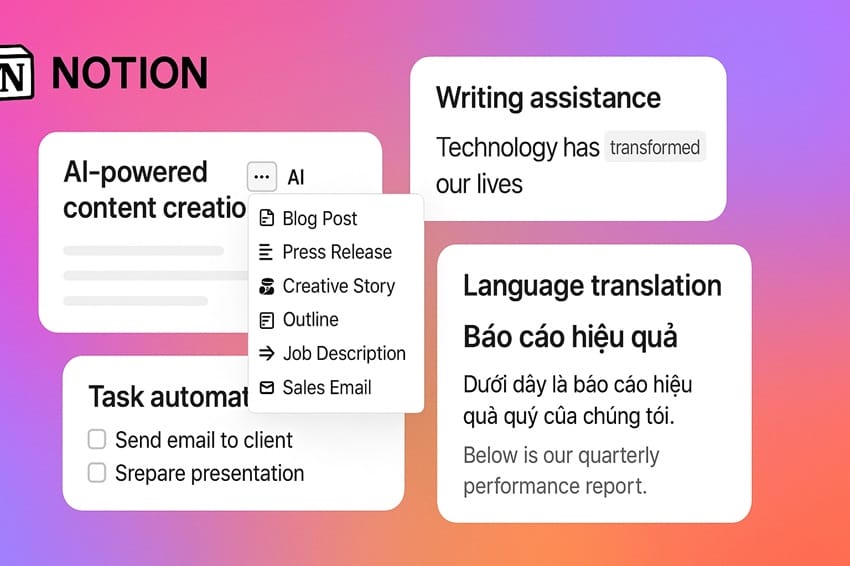 Tính năng nổi bật của Notion AI Plus - Viết nội dung tự động và dịch thuật đa ngôn ngữ
