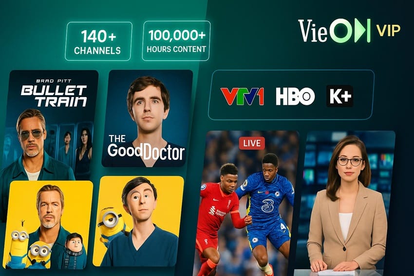 Nội dung giải trí đa dạng VieON VIP Kho nội dung phong phú VieON VIP với 140+ kênh truyền hình, phim bộ, thể thao và tin tức chất lượng 4K
