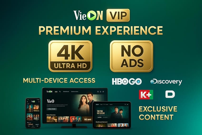 Tính năng VieON VIP Tính năng VieON VIP: 4K Ultra HD, không quảng cáo, HBO Go, đa thiết bị và nội dung độc quyền