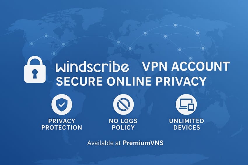 Tài khoản Windscribe VPN - Giải pháp bảo mật toàn diện cho người dùng internet Banner tài khoản Windscribe VPN với biểu tượng bảo mật và kết nối toàn cầu