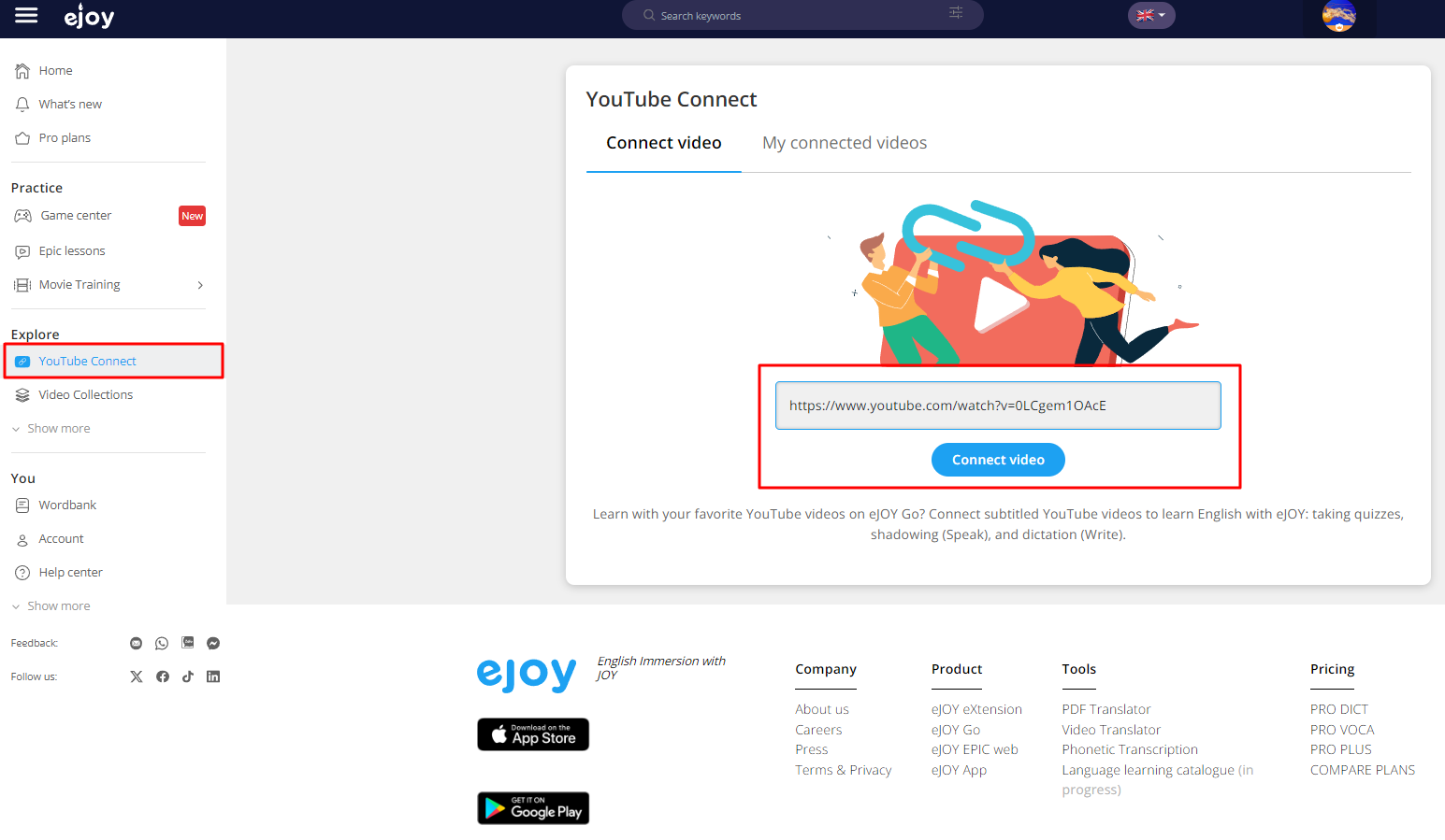 Tài khoản eJOY English Pro Plus 1 năm 7 eJOY English Pro liên kết với Youtube