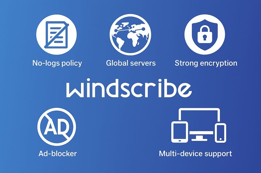 5 tính năng bảo mật hàng đầu của Windscribe VPN bảo vệ người dùng trực tuyến các tính năng chính của Windscribe VPN: No-logs policy, Global servers, Strong encryption, Ad-blocker, Multi-device support