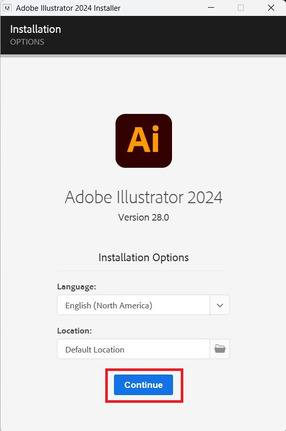 Chọn “Continue”, chờ quá trình cài đặt hoàn tất Adobe illustrator crack 2024