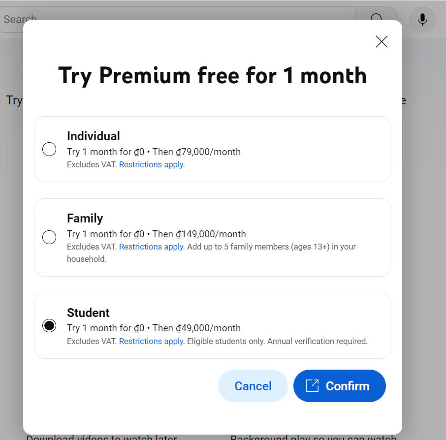 Cách mua gói Youtube Premium dành cho sinh viên chỉ 49k/tháng 7 Bước 2: Nhấn vào chọn gói Student