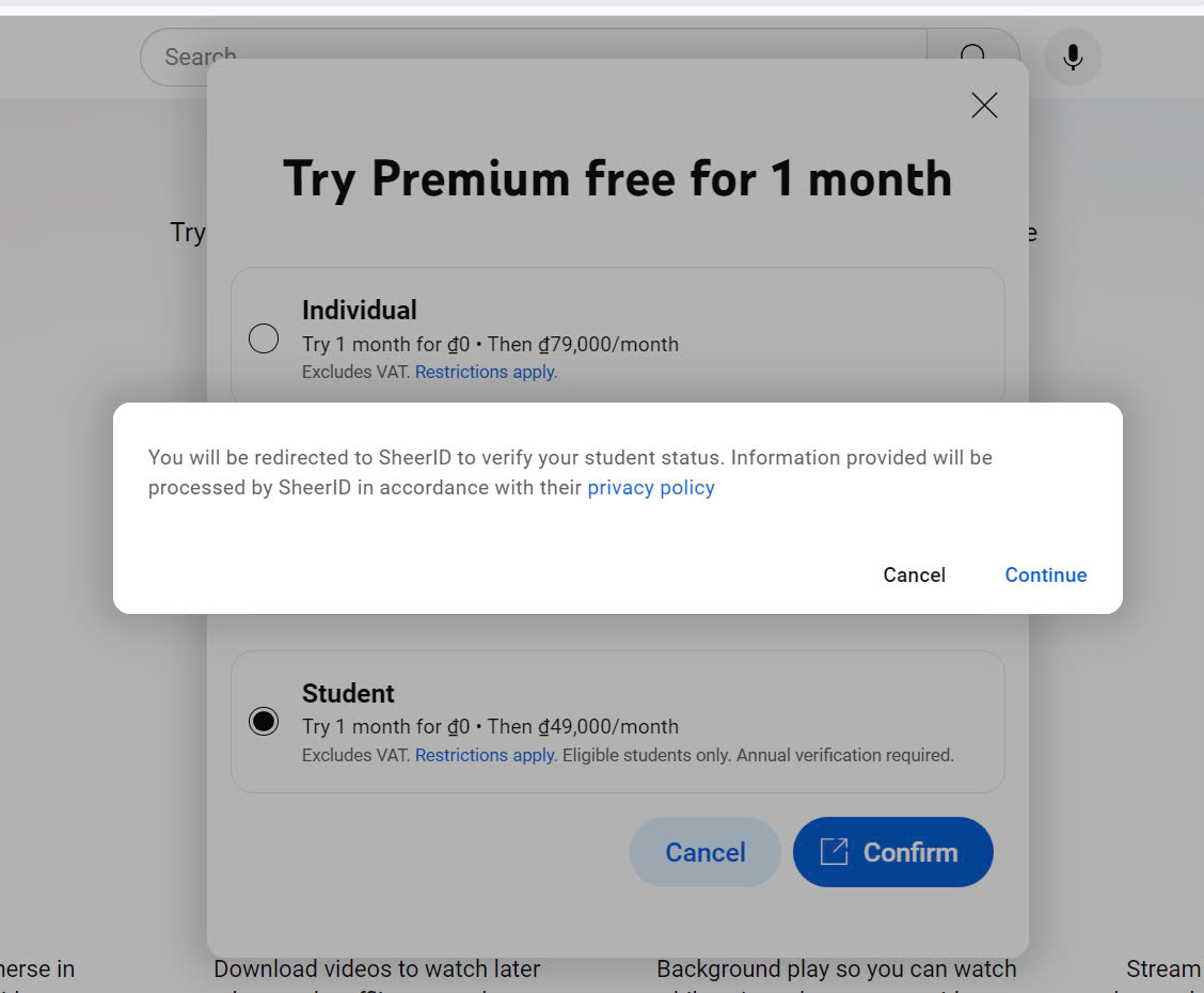 Cách mua gói Youtube Premium dành cho sinh viên chỉ 49k/tháng 8 Bước 3: Nhập tên trường của bạn vào biểu mẫu xác minh của SheerID