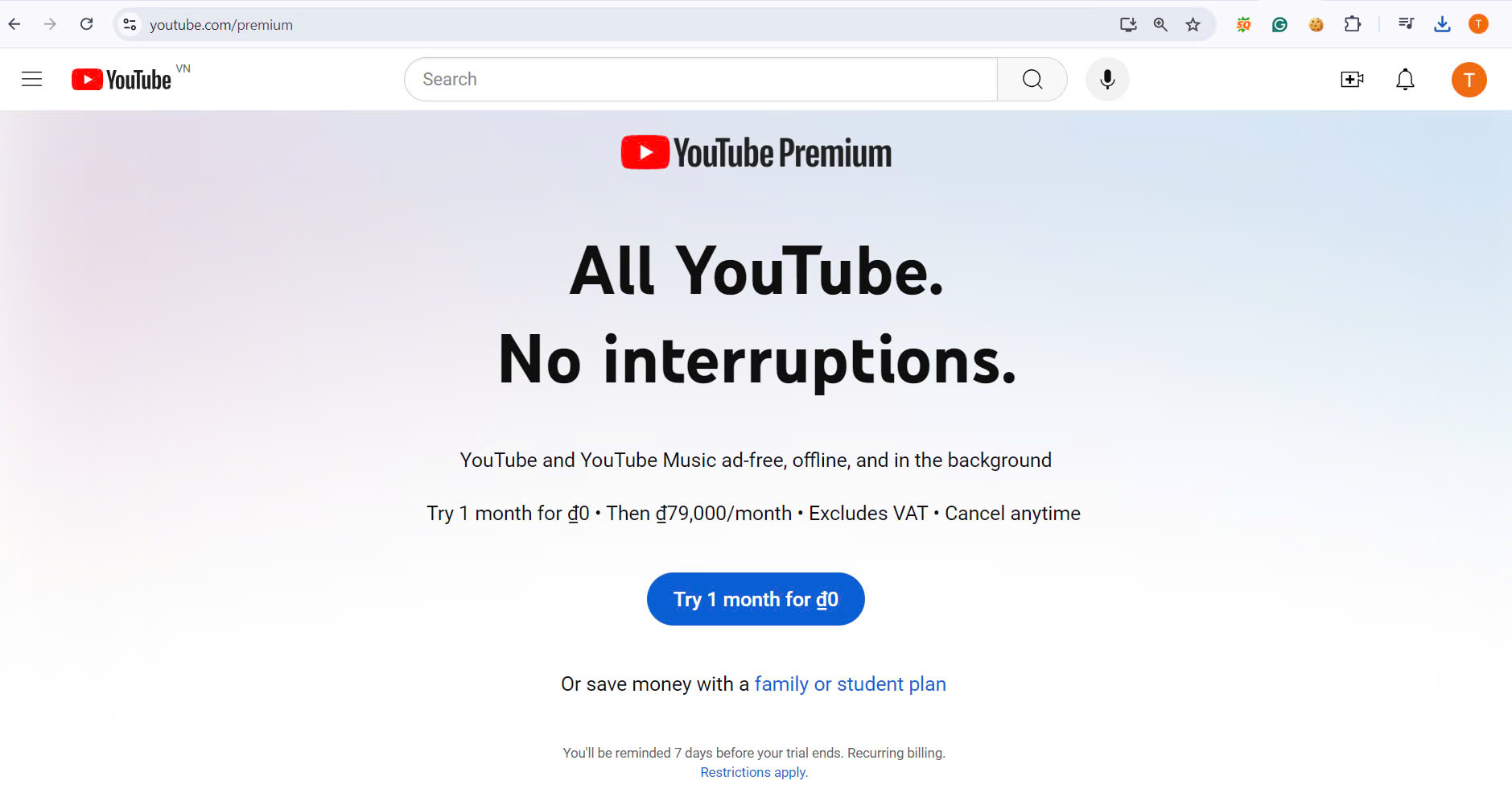 Cách mua gói Youtube Premium dành cho sinh viên chỉ 49k/tháng 6 Bước 1: Truy cập vào trang web: www.youtube.com/premium