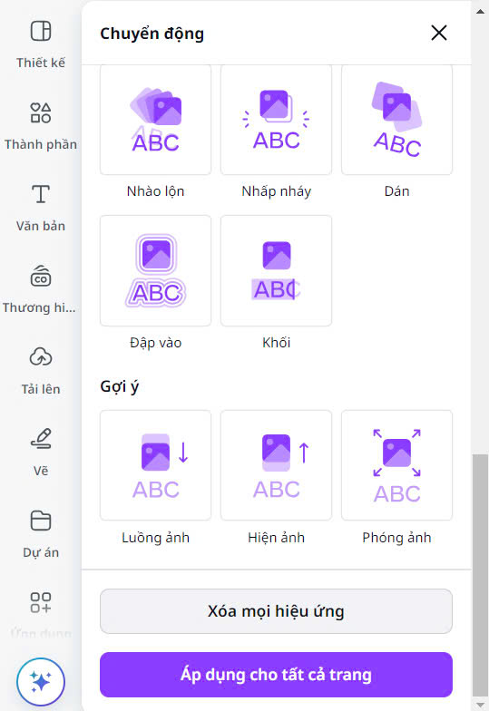 Cách làm Animation Trên Canva (hiệu ứng động) đơn giản chi tiết nhất 9 Nếu muốn xóa một hiệu ứng đã chọn, chỉ cần nhấp vào hiệu ứng đó và chọn "Xóa hiệu ứng động" (Remove animation) ở phía dưới