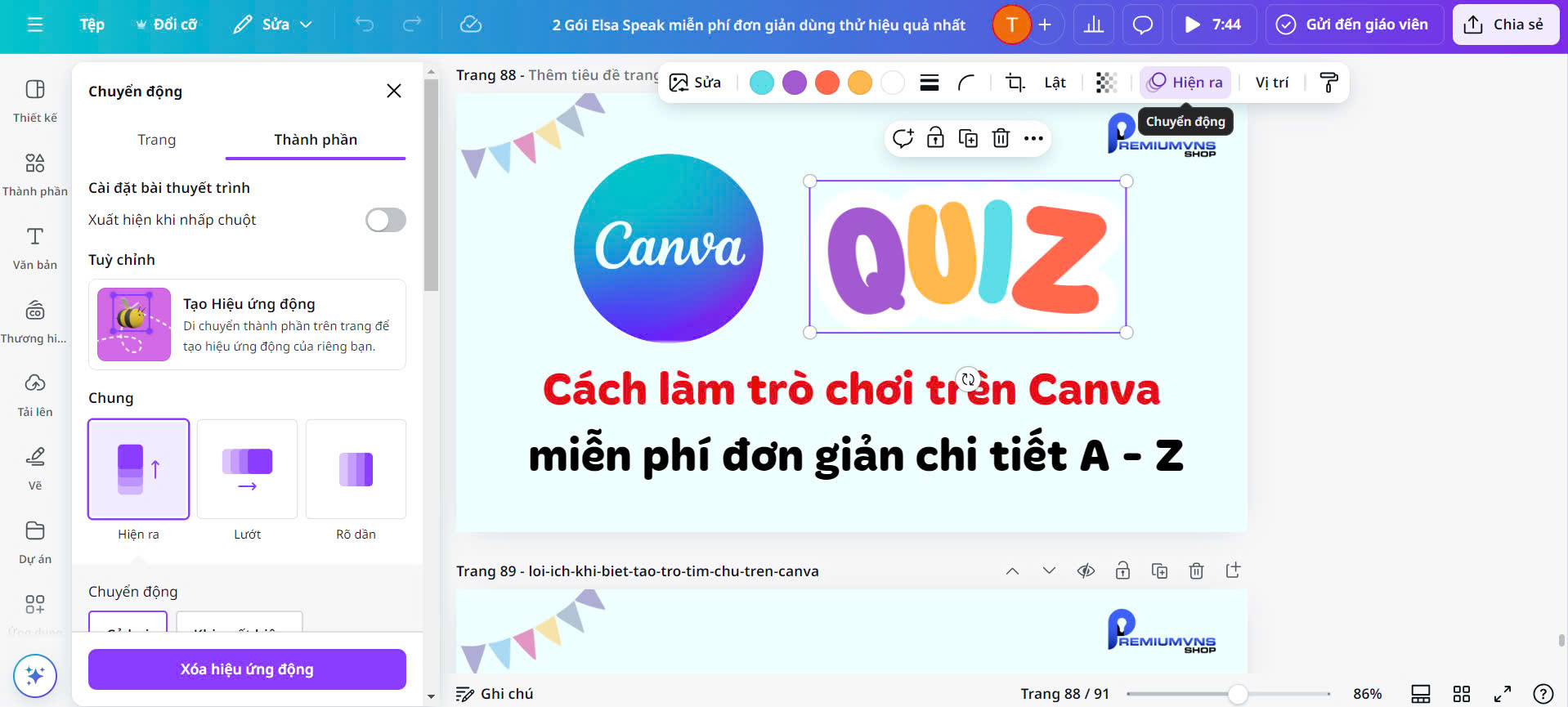 Cách làm Animation Trên Canva (hiệu ứng động) đơn giản chi tiết nhất 7 Bước 1: nhập vào biểu tượng "Chuyển động" (Animate)
