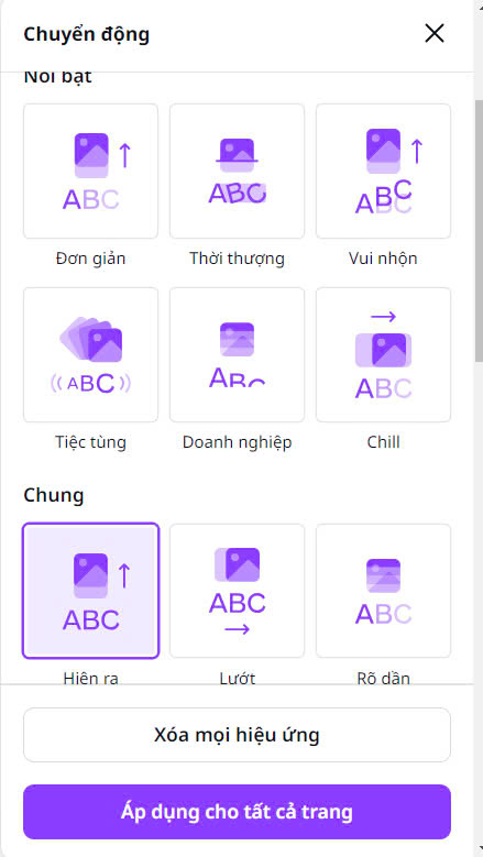 Cách làm Animation Trên Canva (hiệu ứng động) đơn giản chi tiết nhất 8 Bước 2: Tại phía bên trái của giao diện, sẽ hiển thị các nhóm hiệu ứng chuyển động khác nhau