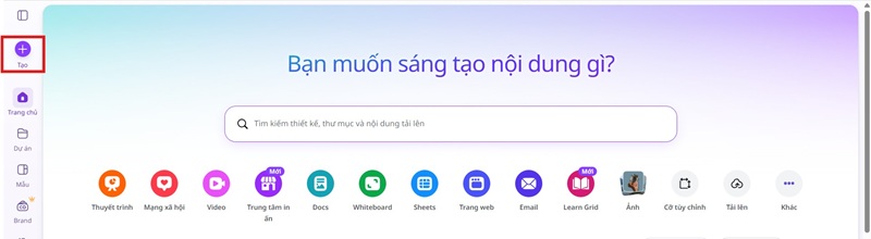 Truy cập vào web Canva và chọn mục "Tạo"