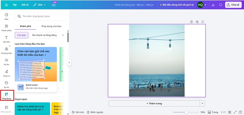 Ở thanh công cụ bên trái Canva, chọn mục "Ứng dụng"