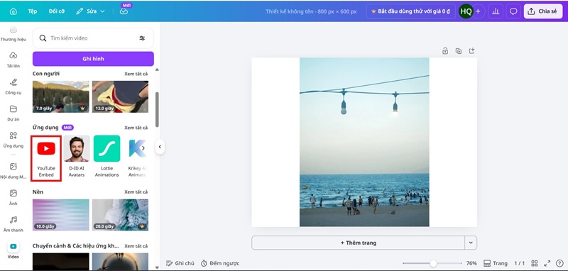 Ở dòng "Ứng dụng", nhấn chọn "Youtube Embed"