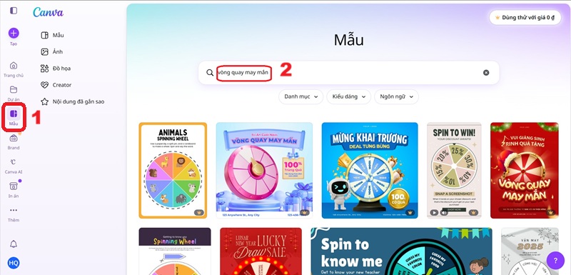4 Cách làm vòng quay may mắn trên Canva, PowerPoint đơn giản, miễn phí 10 Chọn "Mẫu", nhập từ khóa "vòng quay may mắn"