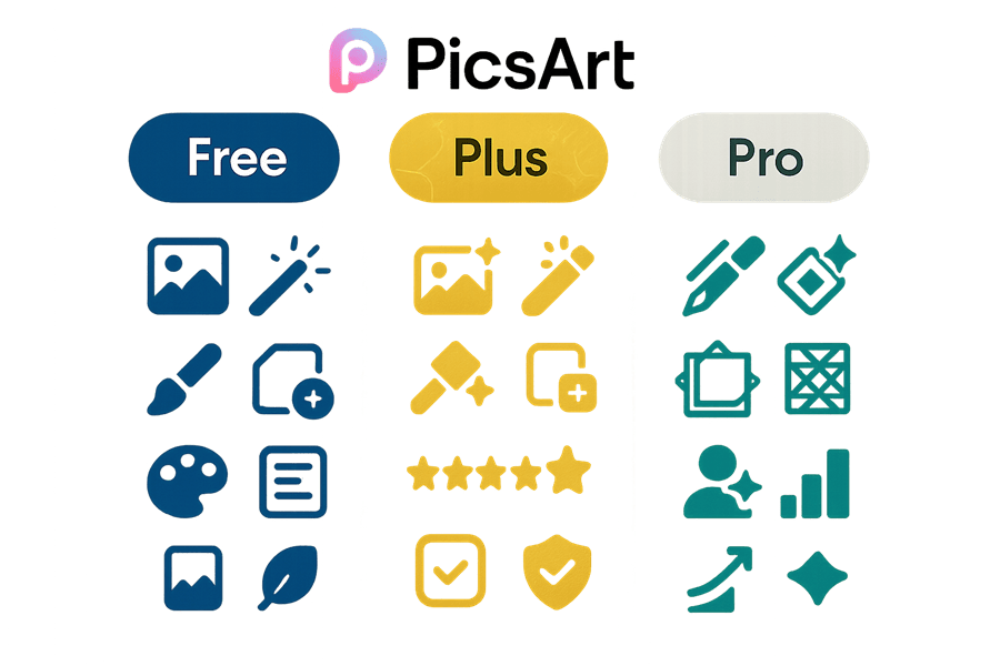 Tài khoản PicsArt Pro Plus 6 Bảng so sánh tính năng PicsArt Free, Plus và Pro với biểu tượng trực quan