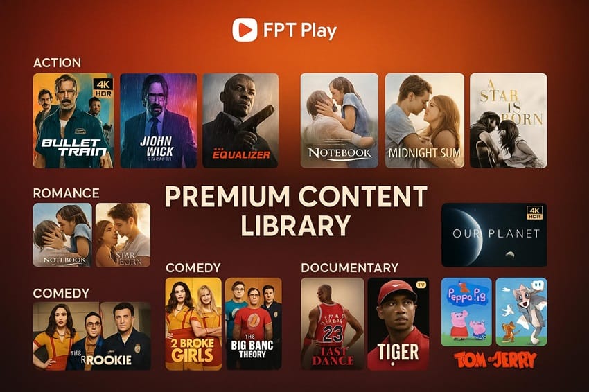 Thư viện nội dung cao cấp của FPT play Thư viện nội dung premium FPT Play với phim hành động, lãng mạn, hài kịch, tài liệu và chương trình thiếu nhi