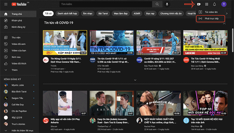 2 Cách live stream Youtube đơn giản hiệu quả nhất hiện nay 18 Nhấn vào biểu tượng máy quay ở góc trên bên phải màn hình và chọn phát trực tiếp