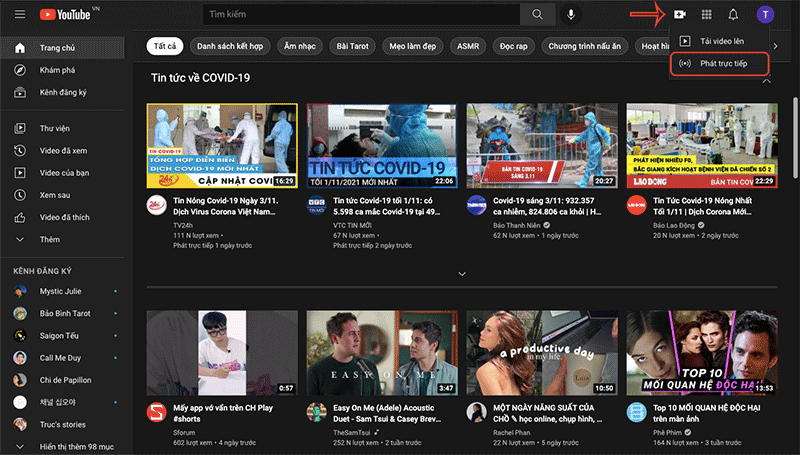 2 Cách live stream Youtube đơn giản hiệu quả nhất hiện nay 13 Bước 1: Bạn Nhấn vào Tạo (biểu tượng máy quay)