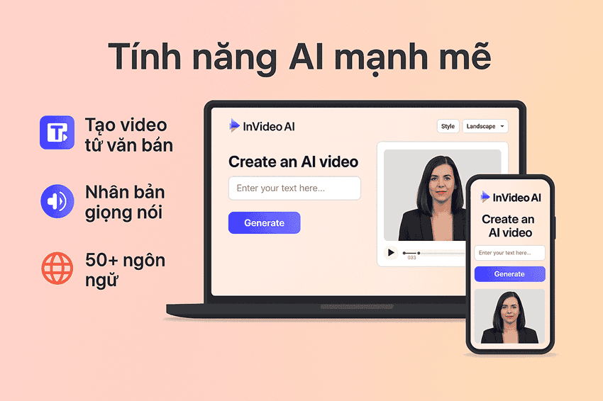 tính năng InVideo AI - AI tạo video thông minh Tính năng AI mạnh mẽ của InVideo AI - Text-to-video, voice cloning