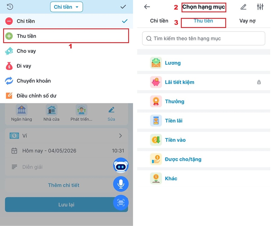 Ghi nhận các khoản thu nhập trên sổ thu chi MISA